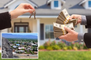 Real Estate Agent Handing Over House Keys for Stacks of Money in Front of New House.