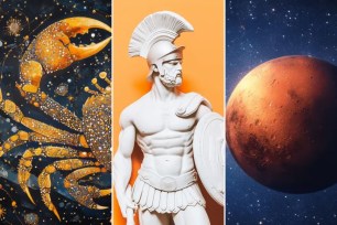 Collage of statues including Ambrose of Optina, representative of an astrologer explaining about resolutions